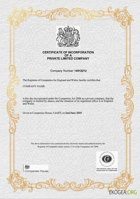 Certificat britannique de constitution d'une société à responsabilité limitée, modèle Word et PDF, version 3